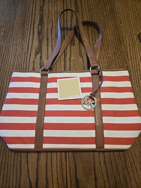Michael Kors Coral & White Striped Tote with Brown Leather Trim